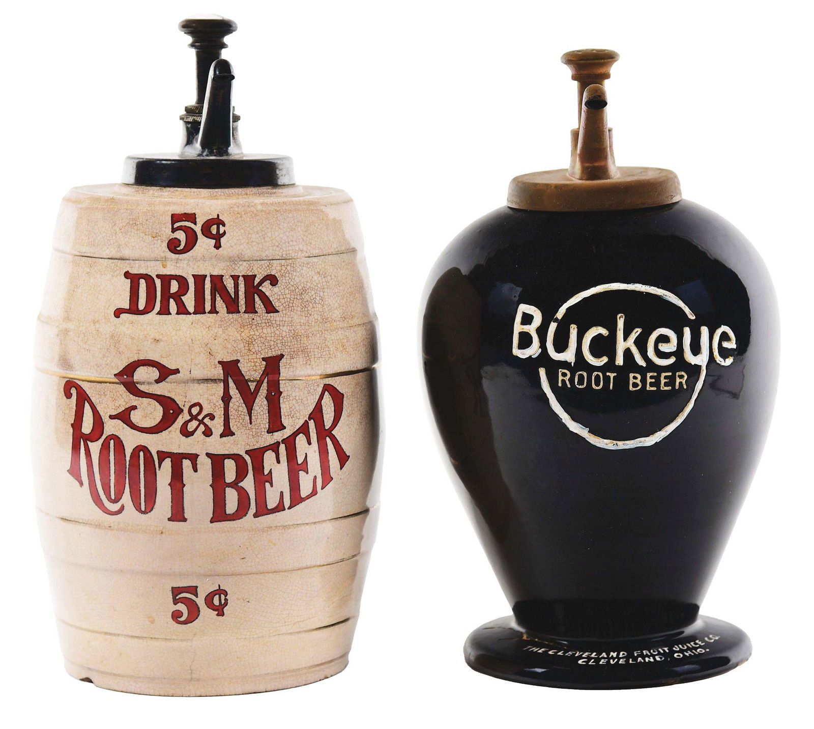 LOT OF 2: BUCKEYE AND S & M ROOTBEER SYRUP DISPENSERS.: This is a lot of two syrup dispensers. First is a Buckeye Rootbeer dispenser showing added paint to he logo, a repair in the base, and chip under the pump. Second is a S & M Root Beer dispenser showin