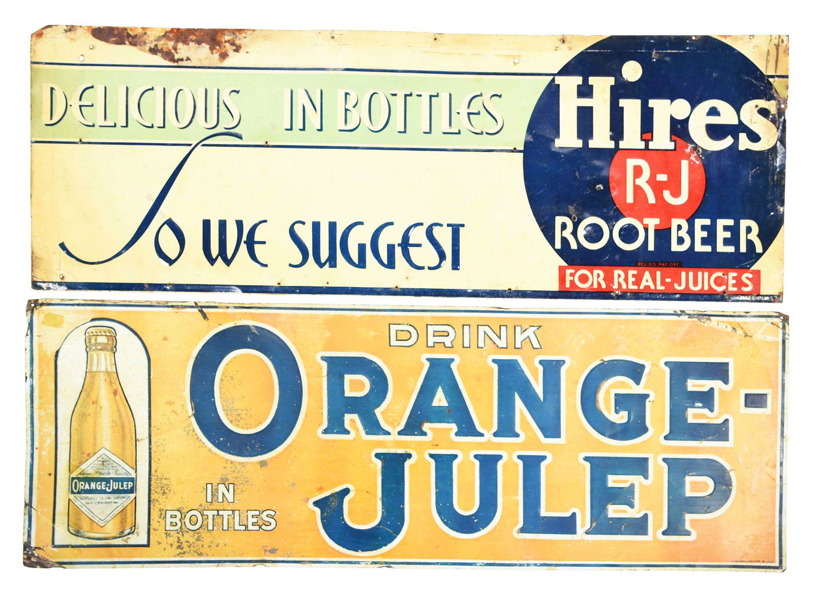 LOT OF 2: SOFT DRINK SIGNS.: This is a lot of two soft drink signs. The first is a Hires Root Beer sign, "Delicious in Bottles", showing areas of paint loss in the upper left-hand corner and having the upper left-hand corner clip