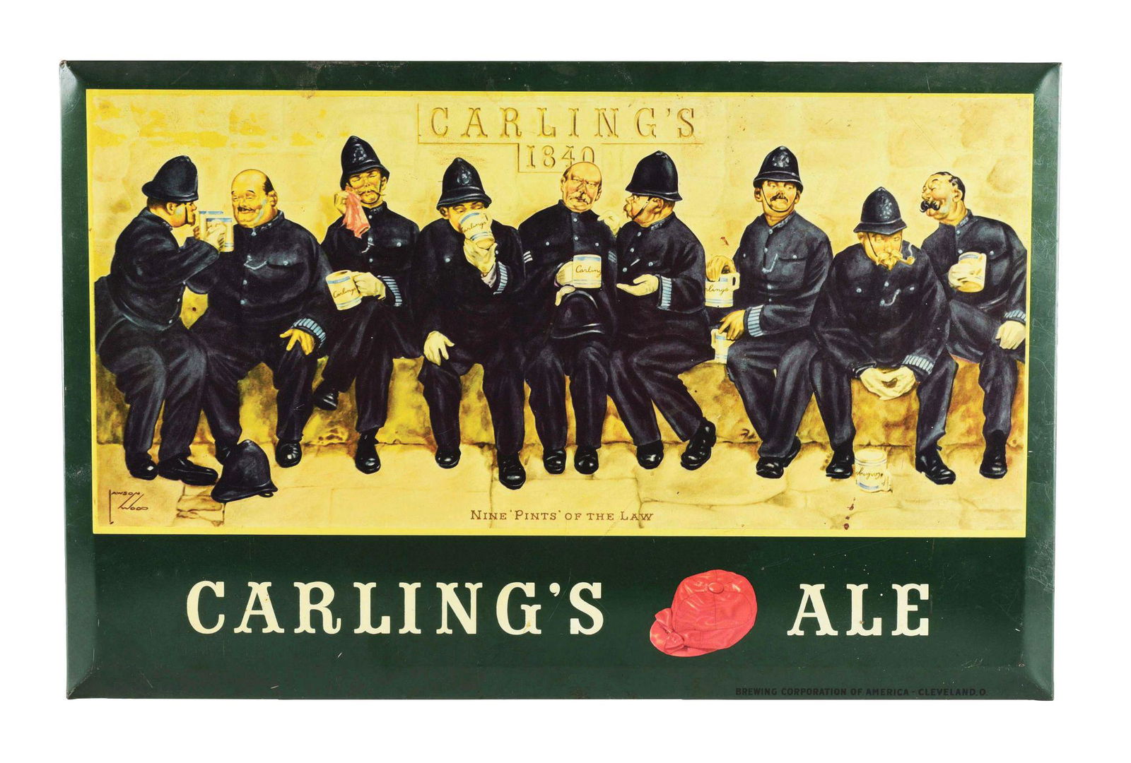 TIN OVER CARDBOARD BEVELED SIGN FOR CARLINGS ALE. (1 of 2)
