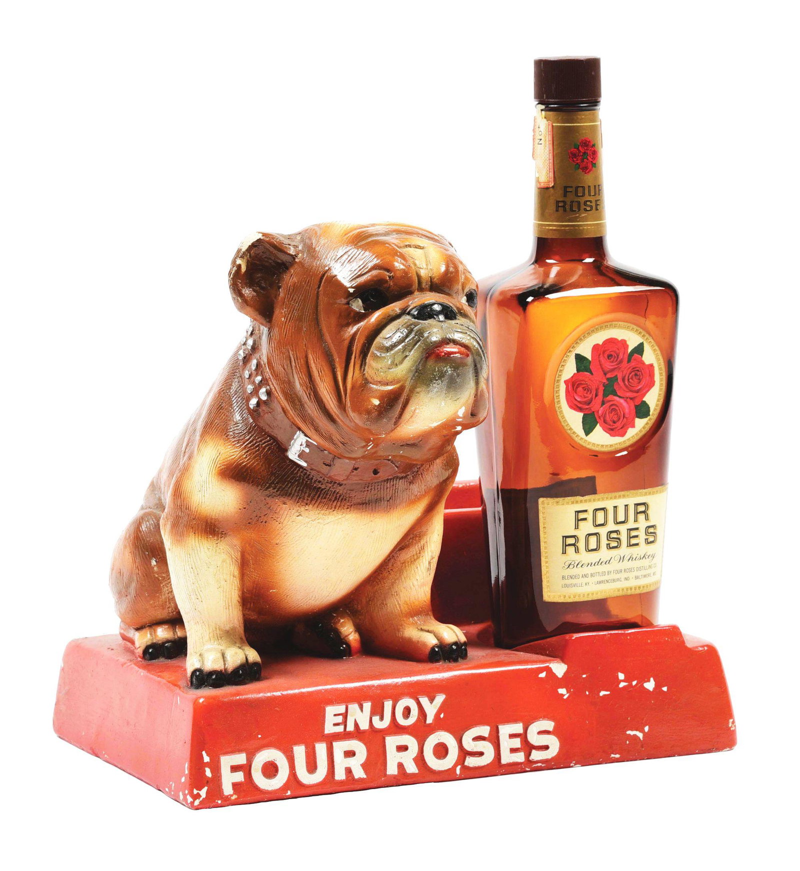 FOUR ROSES BULLDOG.: Brightly painted chalk ware piece of the iconic Four Roses bulldog. It has original Four Roses Whiskey bottle with it. There are normal paint chips and wear throughout, nothing extremely distracting. 