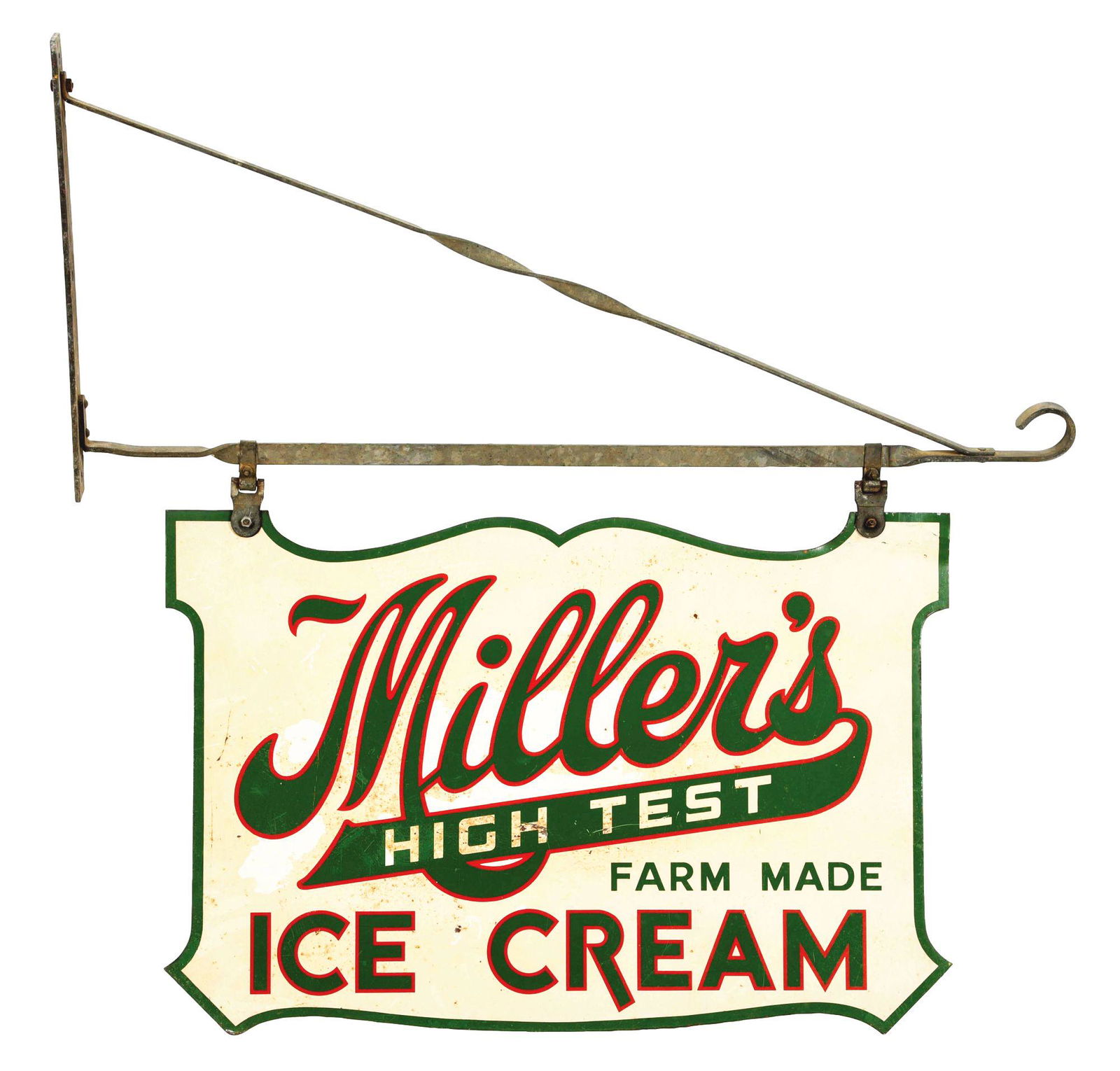 MILLER'S ICE CREAM SIGN WITH HANGER.: This is a tin die-cut double-sided sign advertising Miller's ice cream. Condition shows some fading to back ground paint, with areas of ground dirt to side A, side B shows areas of paint chipping and