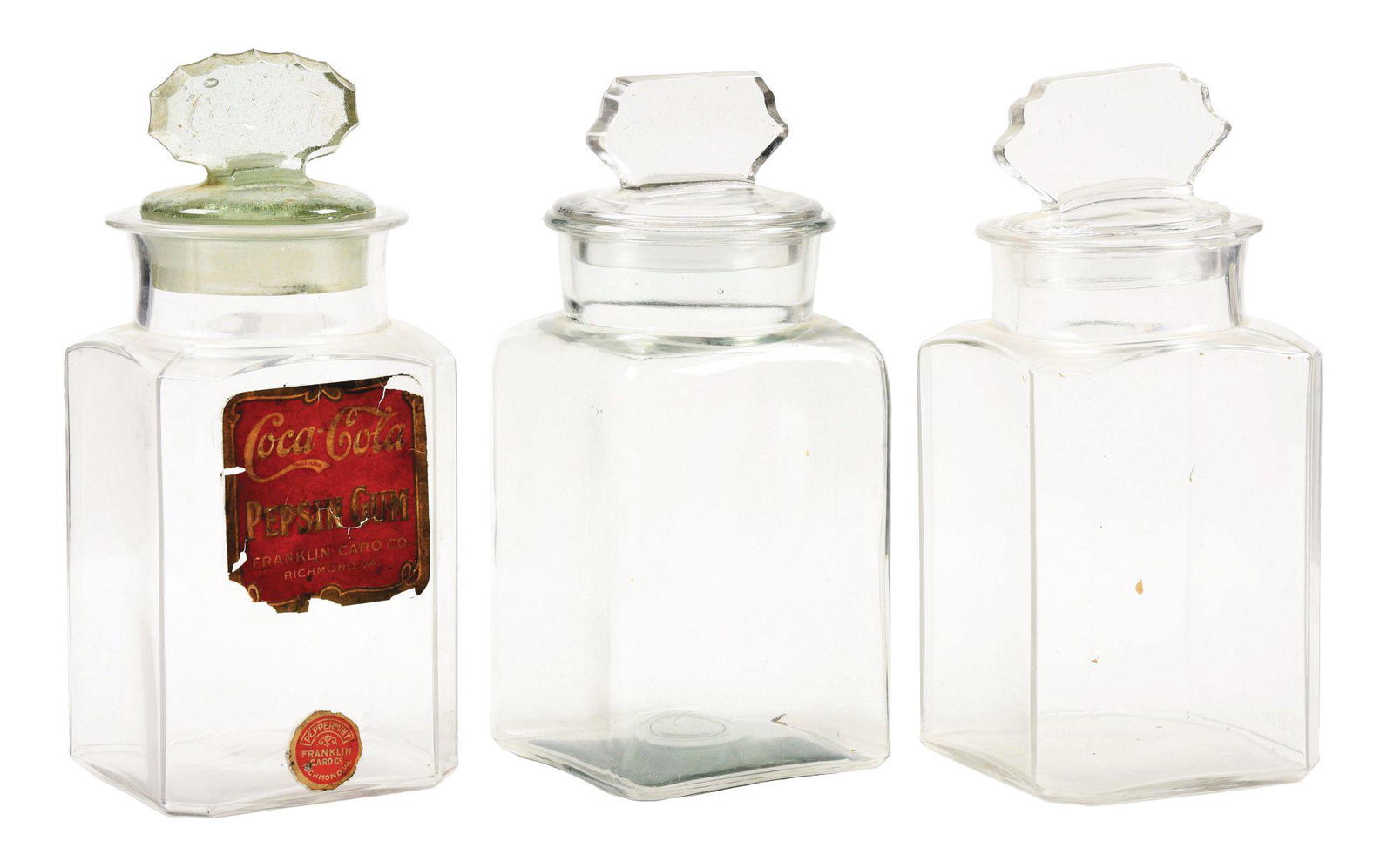 LOT OF 3: GLASS CANDY JARS INCLUDING COCA-COLA PEPSIN (1 of 4)