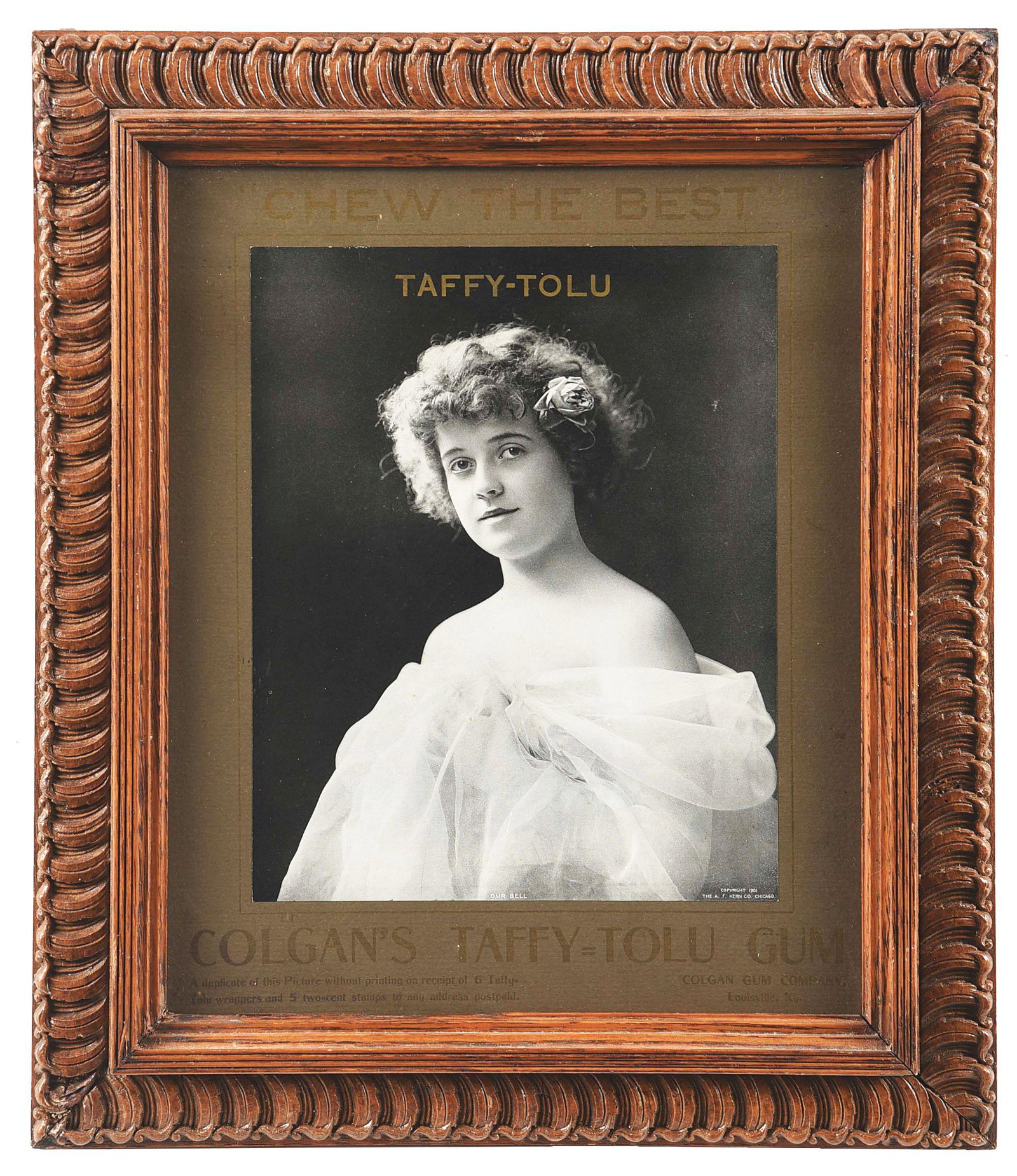 BEAUTIFUL COLGAN'S CHEWING GUM ADVERTISING SIGN 1901.: An all original framed chewing gum sign for the Colgan's Gum company advertising their Taffy Tolu chewing gum. The original mat states "Chew the Best" and "Colgan's chewing gum". This sign was produce