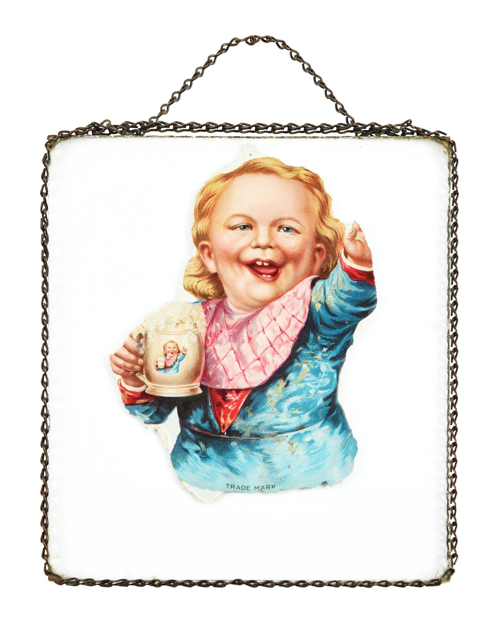 HIRES ROOT BEER CHAIN FRAMED GLASS SIGN.: Small glass chain hanger with the Hires Root Beer ugly kid. Back is marked "Mansfield & Company, Makers, 158 Chamber Street, New York". No chips, cracks or repairs, wear from use and age. Condition: (