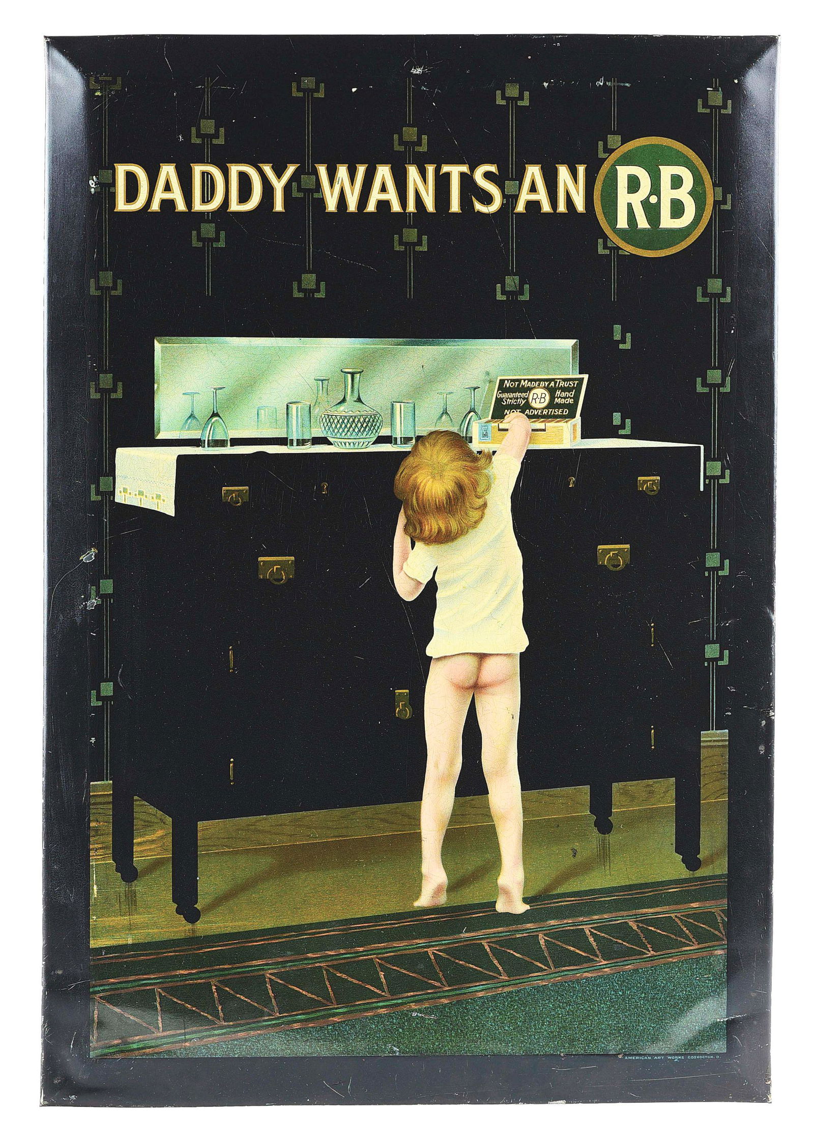 R.B CIGARS TIN OVER CARDBOARD ADVERTISEMENT.