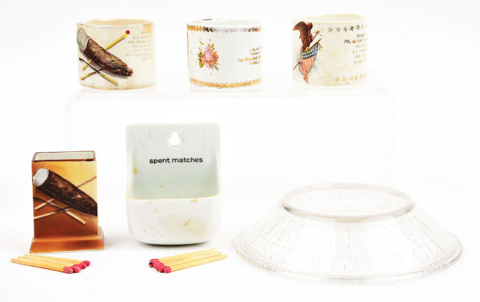 LOT OF 6: MATCH HOLDERS AND AN ASHTRAY. (1 of 2)