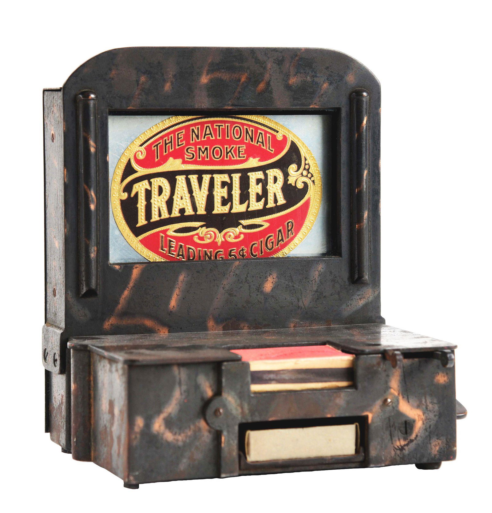 EARLY CIGAR CUTTER WITH ADVERTISING PANELS.: This is a very unique cigar cutter in original copper flashing with an advertising component. When you nip your cigar in the front, you then turn the crank on the side which produces a box of matches 