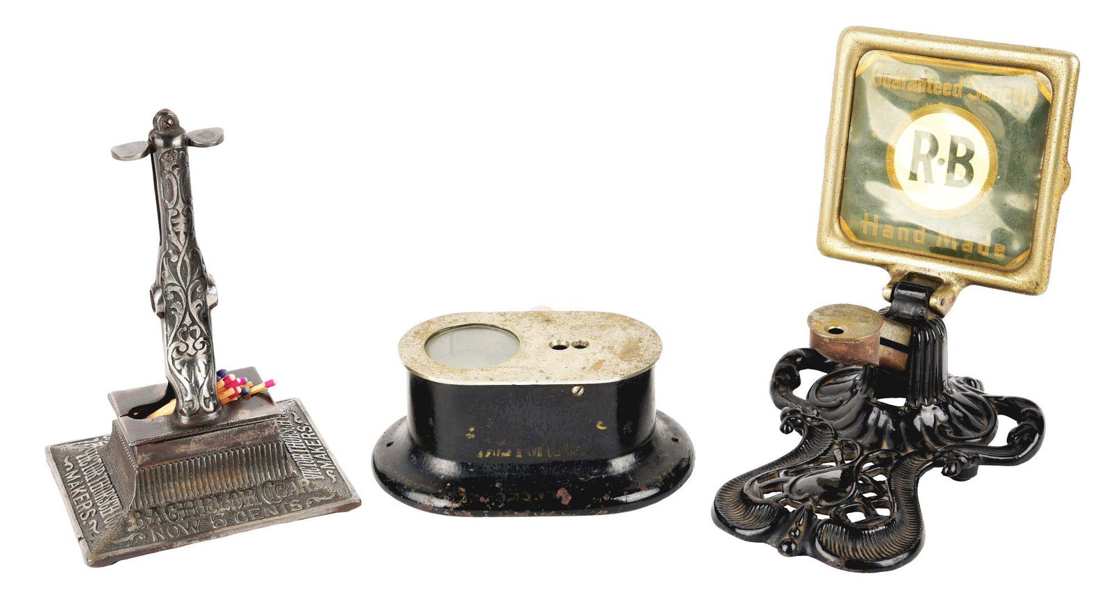 LOT OF 3: COMMERCIAL CIGAR CUTTERS.: This is a lot of three commercial cigar cutters. The first is a cigar cutter advertising R&B Handmade Cigars in original black paint with original nickel marquee showing oxidation in areas of finish l