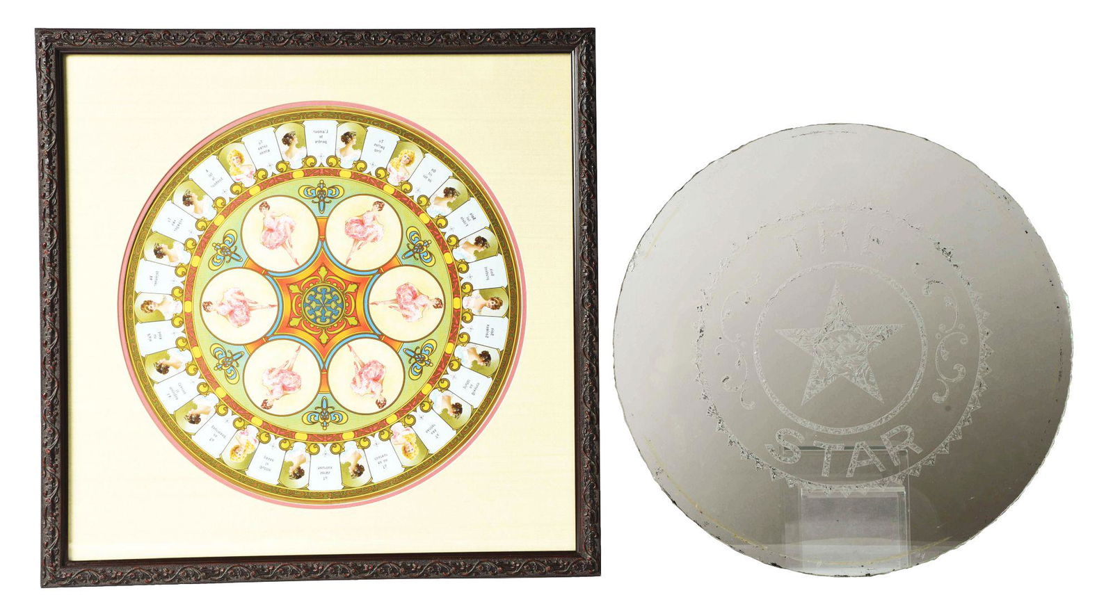 LOT OF 2: UPRIGHT SLOT MACHINE ITEMS.: This is a lot of two upright slot machine items, the first believed to be an original etched glass front for the Watling Star slot machine, the second piece is a framed decorative slot machine wheel,