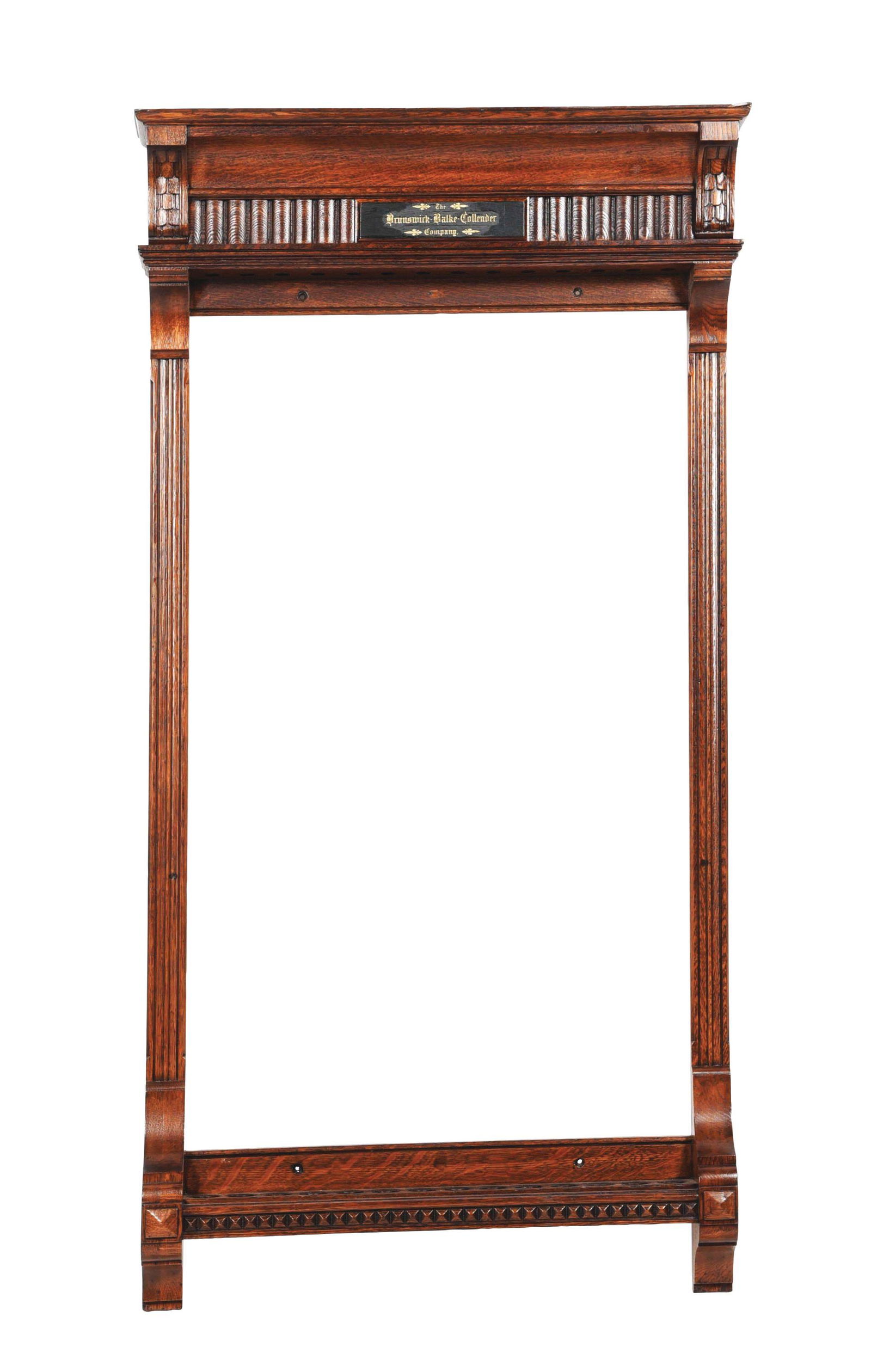 BRUNSWICK-BALKE BILLIARD CUE RACK.: This is a very nice original billiard cue rack marked for Brunswick-Balke Billiard company. Oak construction with varnish finish, some signs of wear and use, but ready to be hung on the wall. Comes wi