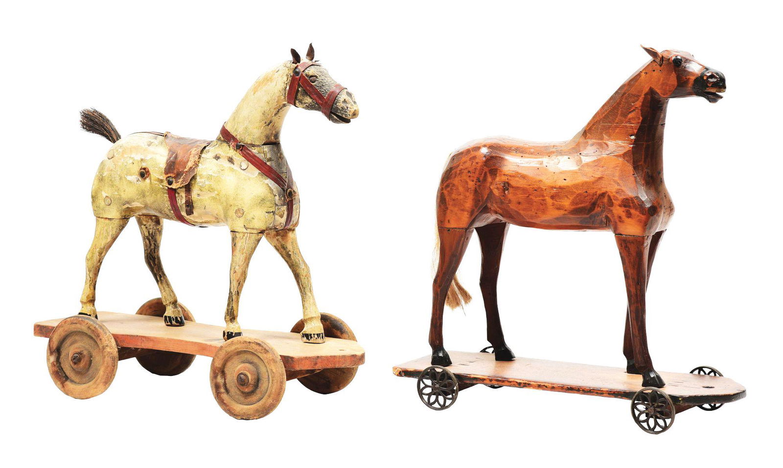 LOT OF 2: CARVED WOODEN HORSES ON WHEELS. (1 of 6)