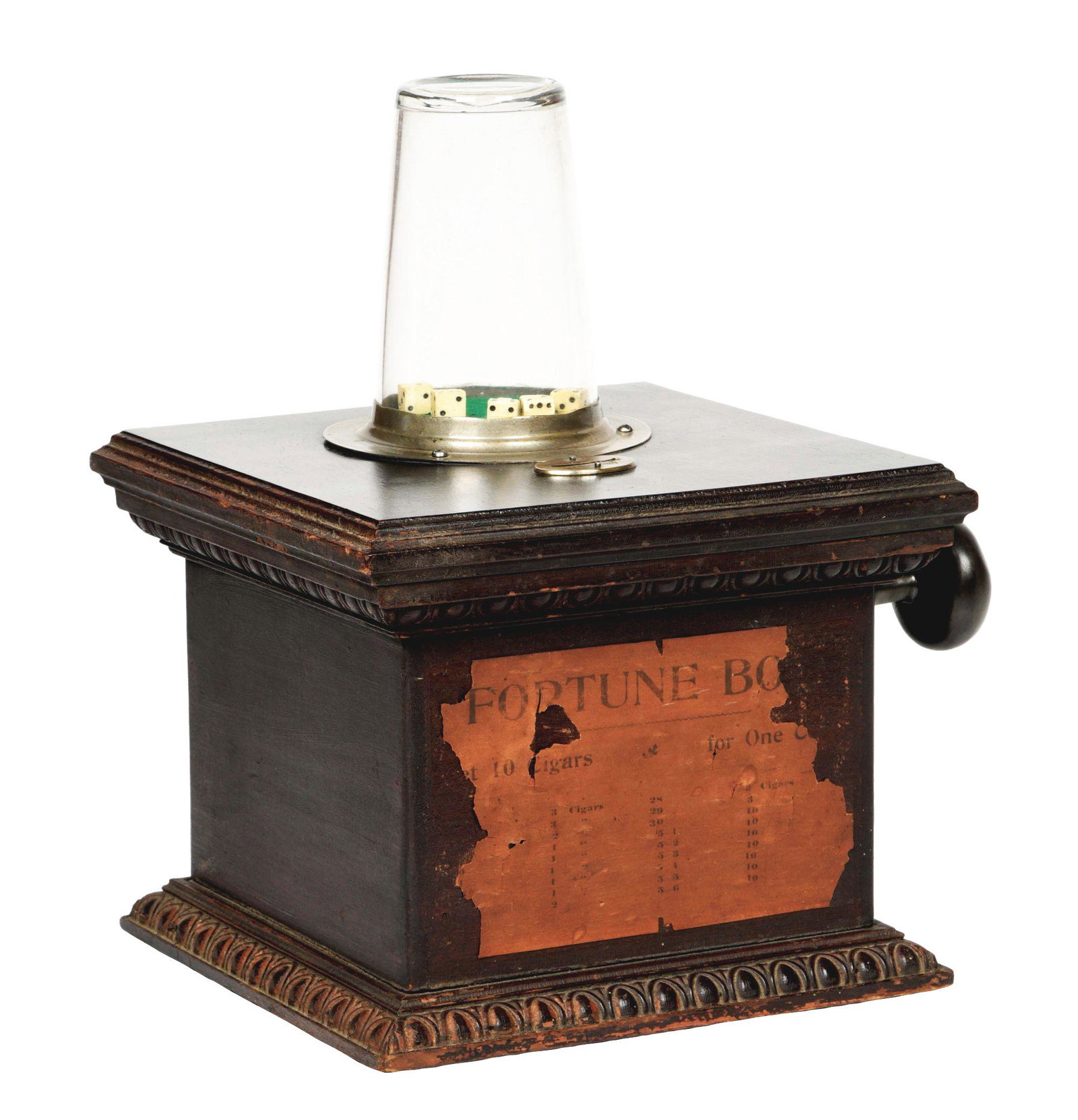 5¢ "FORTUNE BOX" DICE POPPER CIGAR TRADE STIMULATOR.: This is an early counter top dice popper trade stimulator with original bar-glass top, and front award card marked for the "Fortune Box". Good original condition with original finish to the pine wood