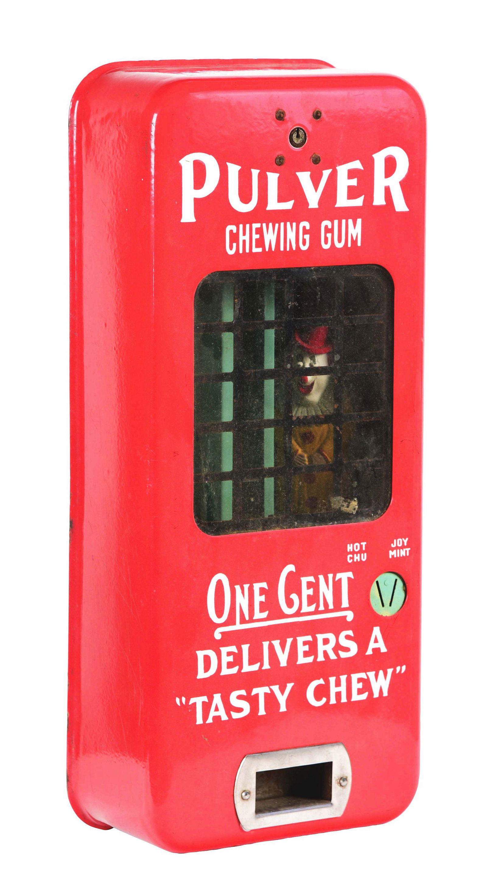 1¢ PULVER RED PORCELAIN GUM VENDING MACHINE. (1 of 5)