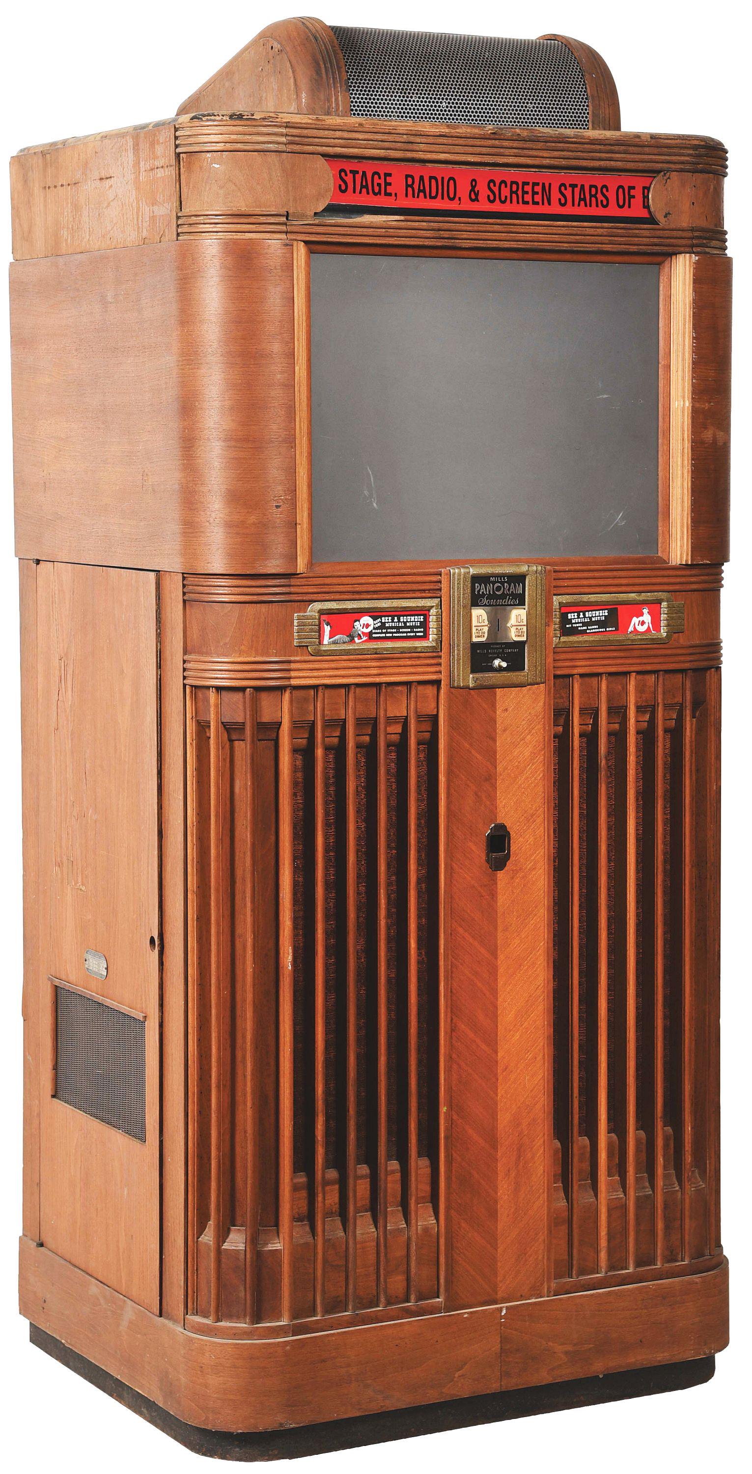 10¢ MILLS PANORAM SOUNDIES.: This particular example is in original condition with multiple areas of scuffs and scratches. All castings are in good shape. One small area upper left-hand side of screen has a piece molding broken a