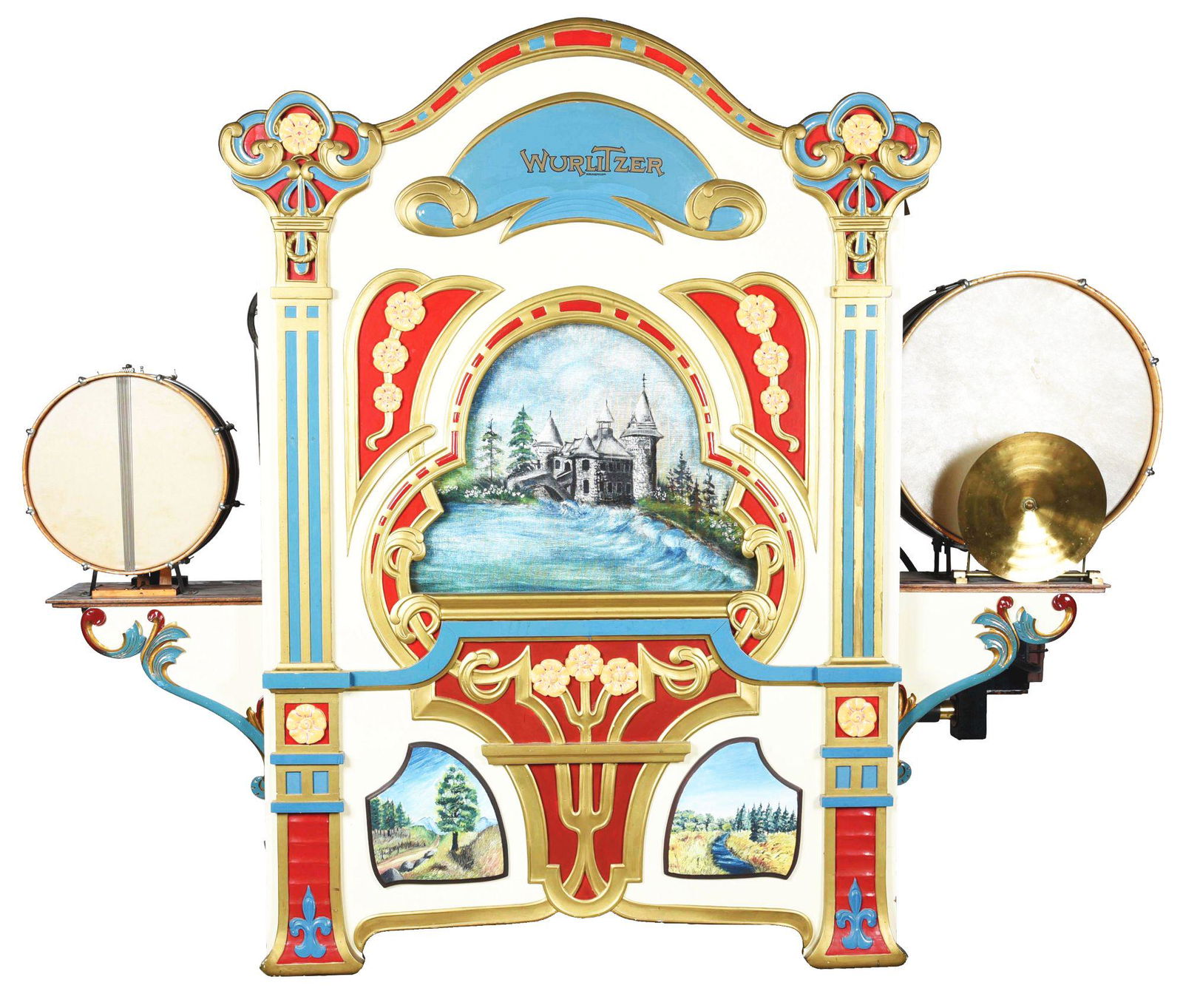 WURLITZER STYLE NO. 146A MILITARY BAND ORGAN.: Wurlitzer built these band organs from the early teens well into the 1920s. Built in oak and veneered case with fancy white enamel carved front, decorated in gold leaf and bright colors with hand pain