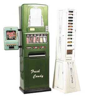 LOT OF 2: COIN-OPERATED CANDY BAR MACHINES.: This is a lot of two coin-operated candy bar vending machines. The first is a Stoner with the side vendor in repainted green paint, with the original base and the original bakelite handles. The Stoner