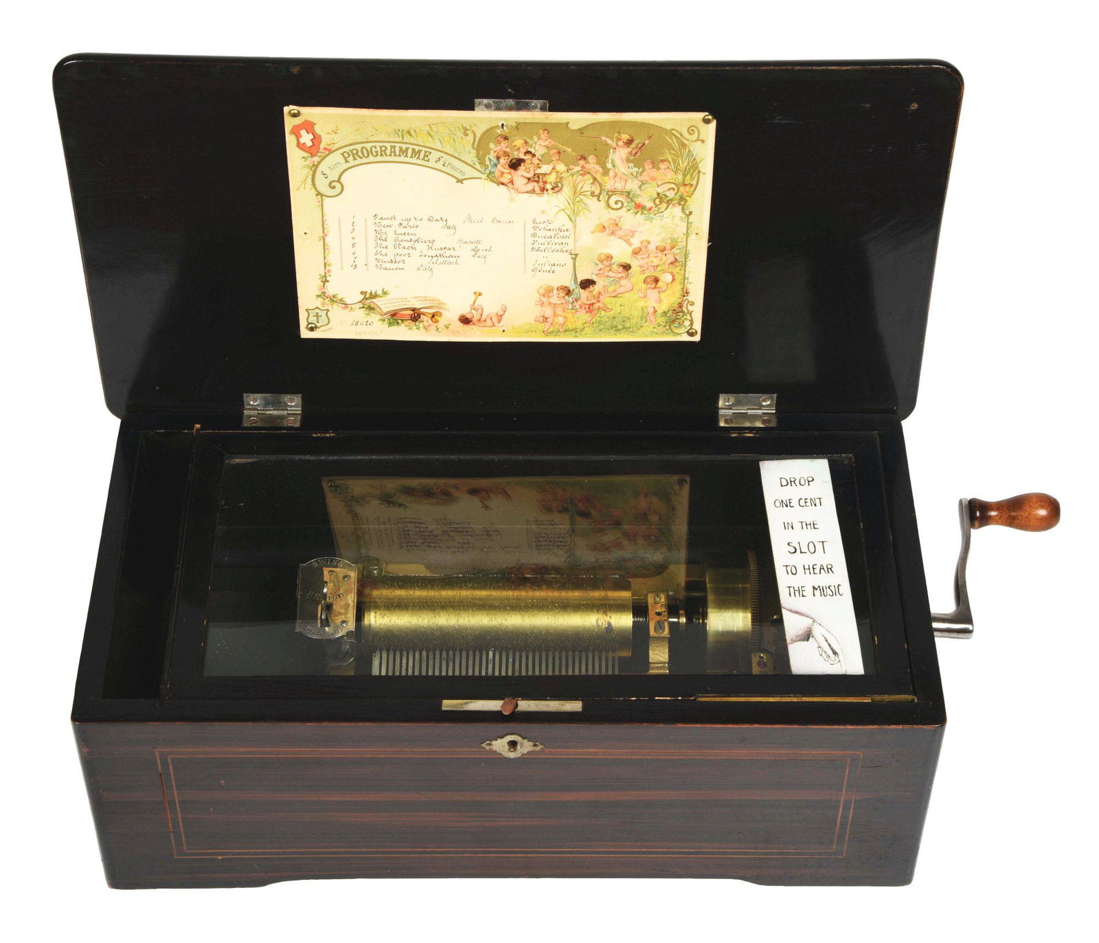COIN OPERATED MUSIC BOX MARKED M&F. WITH PATENT DATES: This is a eight tune music box marked for M&F in operated condition that has been converted to a 1¢ operation. The music box is working on a penny. Comes with a crank and is in excellent operated con