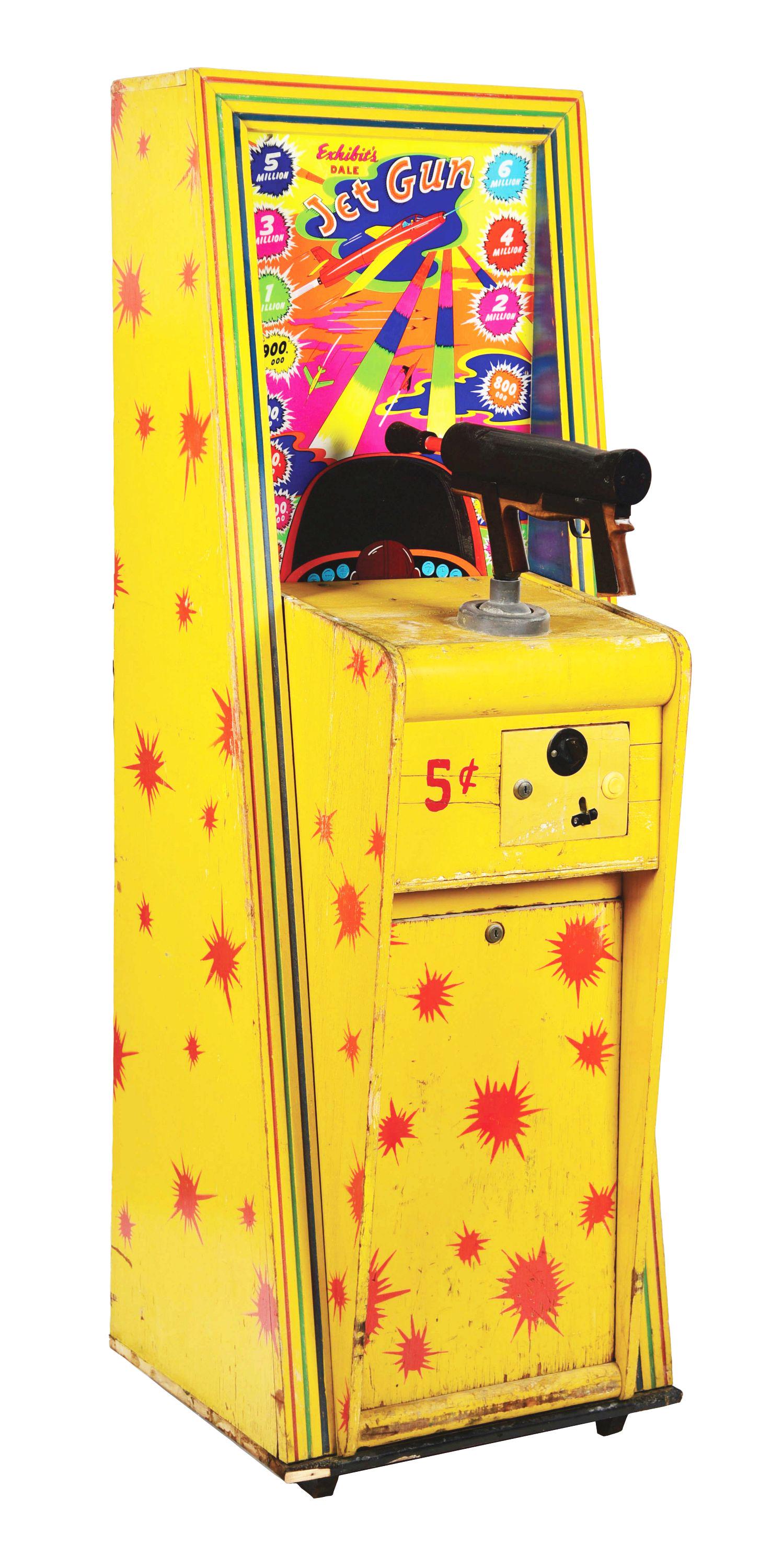 EXHIBIT SUPPLY DALE JET GUN ARCADE MACHINE.: Exhibit Supply's Dale Jet Gun in original condition with multiple areas of paint loss, scuffing, chips, but still shows nice with bright colors and good graphics. Back glass is bright and crisp with m