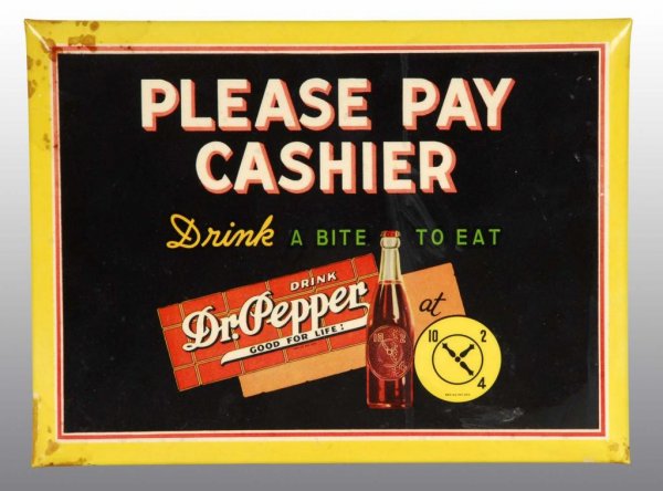 Dr. Pepper Please Pay Cashier Sign.: Description Circa 1930s – 1940s. Tin over cardboard. Few stains in the outer corners. Minor marks, slight fading and light soiling. Condition (7.0 - 7.5, Very Good). Size 8" x 11".