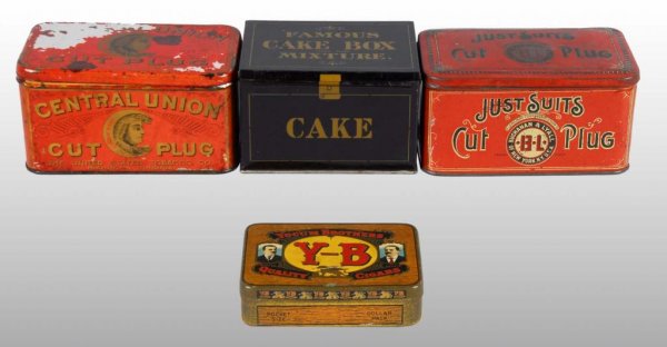 Lot of 4: Tobacco Tins.: Description Includes brands Yocum Brothers, Cake Box Mixture, Just Suits and Central Union. Central Union lid has scratches, stains and a lot of paint loss. Condition (Fair - Excellent). Size Largest: