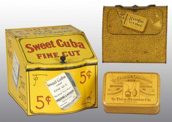 Lot of 3: Advertising Tins.: Description Includes Sweet Cuba lidded tobacco tin, Hand Bag tobacco tin with handle, and Tyrian Atomizer tin. Condition (Excellent). Size Largest: 11" x 8" x 8". Cuba: 11" x 8" x 8". Hand Bag: 7" W. 