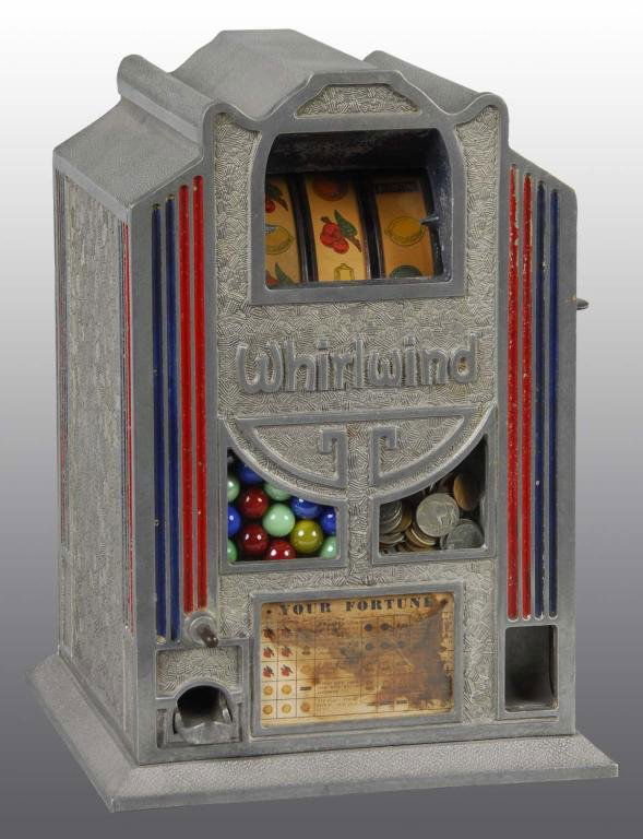 Whirlwind 5-Cent Jackpot Gum Vender.: Description 1933. Pierce. All original. Working. Includes key. Condition (Excellent). Size 13 - 1/4" x 8 - 1/2".