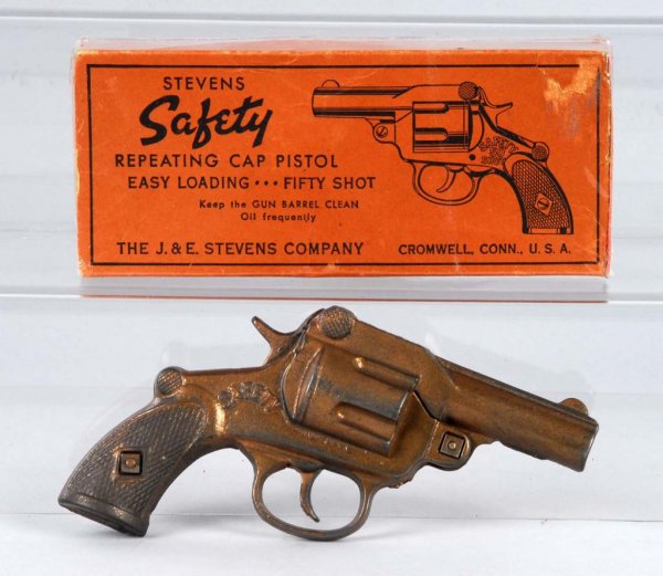 Stevens Safety Repeating Pistol Cap Gun.: Description Includes box. Toy (Very Good) Box (Good). Size 6 - 1/2" L.