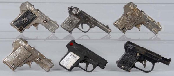 Lot of 6: Cast Iron Cap Guns.: Description Some guns do not work or fall apart when shot. Condition (Good - Very Good). Size Largest: 4 - 1/2" L.