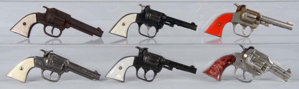 Lot of 6: Cap Guns.: Description Includes Hi-Ho, Western and Hi Ranger. Two of the guns' triggers do not return on their own. Condition (Very Good - Excellent). Size Largest: 7 - 1/2" L.