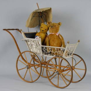 Lot of 2: Mohair Teddy Bears and Doll Carriage.: Description American & German, Ca.1890 to 1930. 21" bear of honey mohair, fully jointed with glass eyes, cloth nose (wear spot), sewn mouth, flannel paw pads (a little hair loss, mend at back seam),