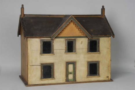 Wooden Folk-Art Dollhouse.: Description Nice and unusual item. Two latches on side allow front to be unhooked and reveals four rooms and stairs that lead up to a hallway. Condition (Very Good). Size 30" x 24".