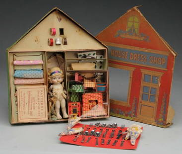 Lot of 2: Toys.: Description House Dress Shop set in original box contains a Japanese seven-inch all-bisque doll with sewing accessories and paper furniture, made by Transogram Co., Inc. New York. Box shows soil and