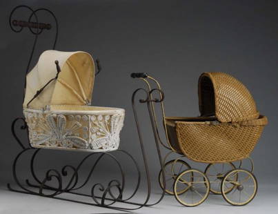 Doll Carriage and Doll Sleigh.: Description 18" long, 24" high, 9" wide tan wicker and metal doll carriage with hood (some wear and rust on metal parts). 26" long, 33" high, 12" wide white wicker and metal doll sleigh with cloth