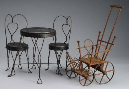 Lot of Ice Cream Table/Chairs & Wicker Stroller.: Description Vintage metal and wire table and chairs, table 10" diameter and 14" high, chairs are marked Mexico on bottom. Vintage carriage is all original and measures 22 ½" high and 12" long (piece