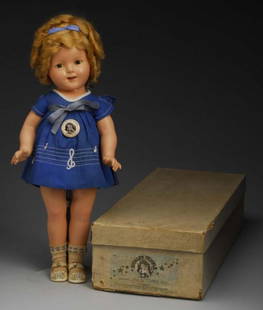 Boxed Ideal Composition Shirley Temple Doll.: Description American, 1930s. All original composition portrait doll of the child movie star. Marked Shirley Temple 18 on both head and body. Sleeping eyes have been oiled, eyelashes are present,