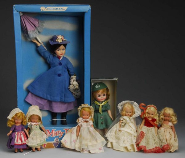 Lot of Collectible Dolls.: Description American. 1940 to 1960s. 8" F & B Fluffy Girl Scout, all original in signed box. Horsman Mary Poppins, all original in signed box. Six Nancy Ann Storybook dolls – two bisque dolls with s