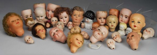 Large Lot of Antique and Vintage Doll Heads.: Description American, German and French doll heads. About 30. Most are German bisque: Schoenau Hoffmeister, Handwerck, Kestner, ABG, Max Handwerck, Heubach Koppelsdorf. Herwig china, celluloid and com