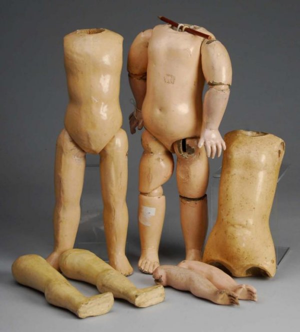 Lot of 3: Antique French Doll Bodies.: Description 18" straight wrist Jumeau body (some repaint and lots of wear) with two five-piece French bodies with mixed parts. All need repair. Condition (Poor - Good).
