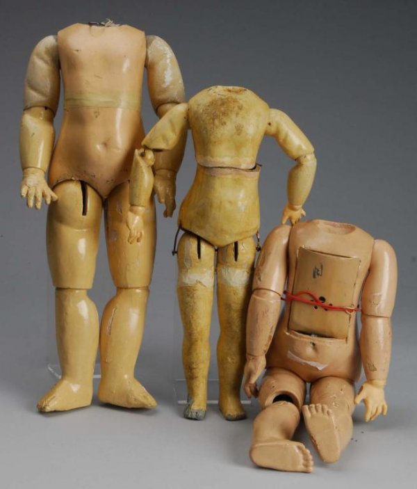 Lot of 3: Antique French Doll Bodies.: Description Jumeau with jointed wrists, 19" Phonograph Jumeau (not working), 18" walker body. All need repair, some parts badly repainted. Condition (Fair - Poor). Size Doll: 21" T.