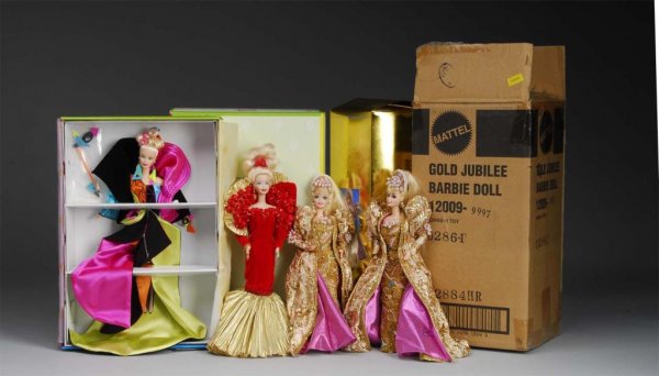 Lot of 3: Barbies.: Description Rendezvous Barbie Masquerade Gala Collection, Boxed; Gold Jubilee Barbie, boxed, but missing shoes; 50th Anniversary, missing shoes. Condition (Excellent).