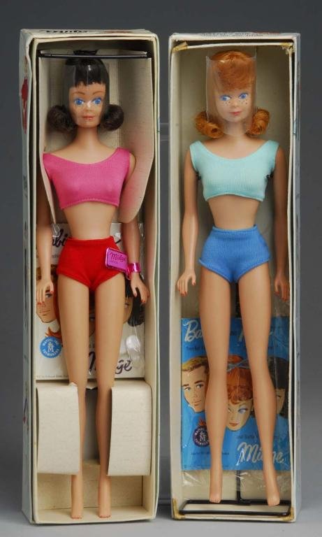 Pair of Midge Dolls.: Description One titian #860 boxed with stand, booklet and shoes, still with plastic wrap on head. One brunette #860 boxed with stand and booklet, plastic wrap on head. Condition (Excellent - Mint).