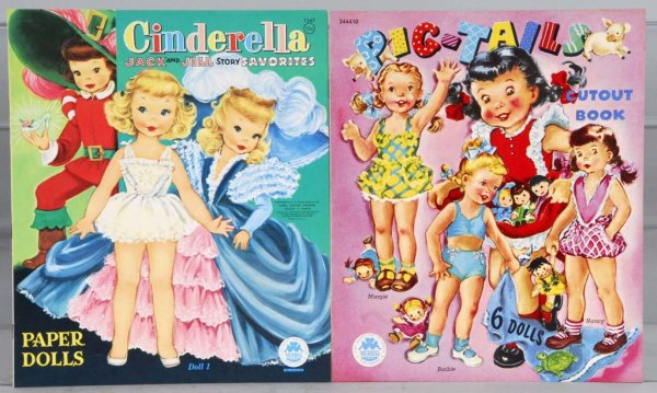 Lot of 2: Merrill Paper Doll Sets.: Description Circa 1950s. Uncut. Includes Pigtails and Cinderella & Jack and Jill Story favorites. Both are Merrill file copies. Condition (Near Mint Plus). Size Largest: 12 - 3/4" x 10 - 1/2".