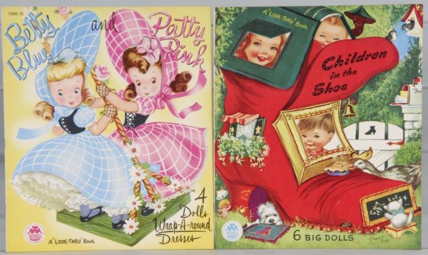 Lot of 2: Merrill Paper Doll Sets.: Description Circa 1950s. Uncut. Includes Children in the Shoe and Betty Blue & Patty Pink. Both are Merrill file copies. Condition (Near Mint Plus). Size Largest: 12 - 3/4" x 11".