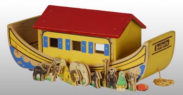 Wooden Noah's Ark Toy on Wheels.: Description Includes 12 pairs of animals. General overall wear. Condition (Excellent). Size 15" L.