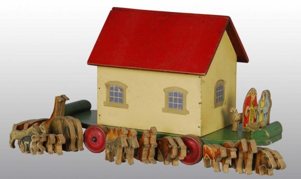 Wooden Noah's Ark Toy on Wheels.: Description Includes Noah, his wife and more than 30 animals. Condition (Excellent). Size 17" L.
