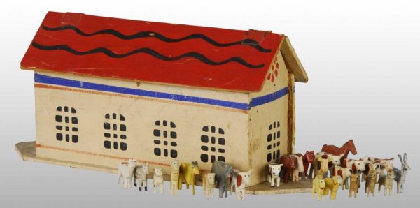 Wooden Noah's Ark Toy.: Description Includes 25 animals. General wear. Condition (Excellent). Size 12" L.