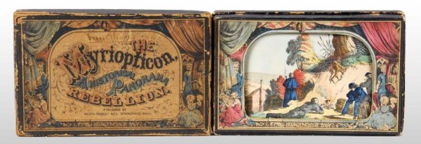 Milton Bradley Myriopticon Rebellion Panorama Box: Description Includes a turn key. Depicting historical panorama. Works well. Condition (Good - Excellent). Size 8" L.