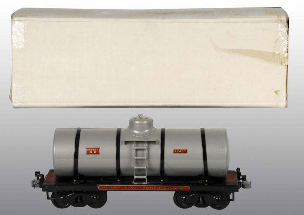 Pressed Steel Buddy L Tank Car Toy.: Description American. T production. New old stock. Made for the Buddy L outdoor railroad. Custom painted in gray. Includes original shipping box. Size 19" L.