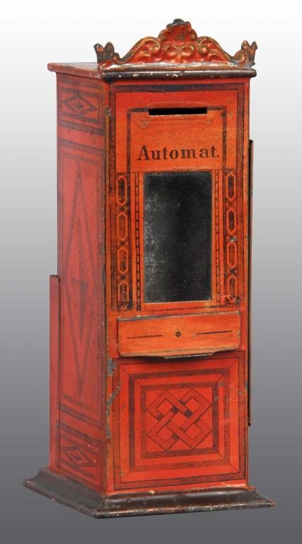 Tin Automat Orange Vending Bank.: Description Working. Condition (Excellent). Size 7 - 1/2" T.