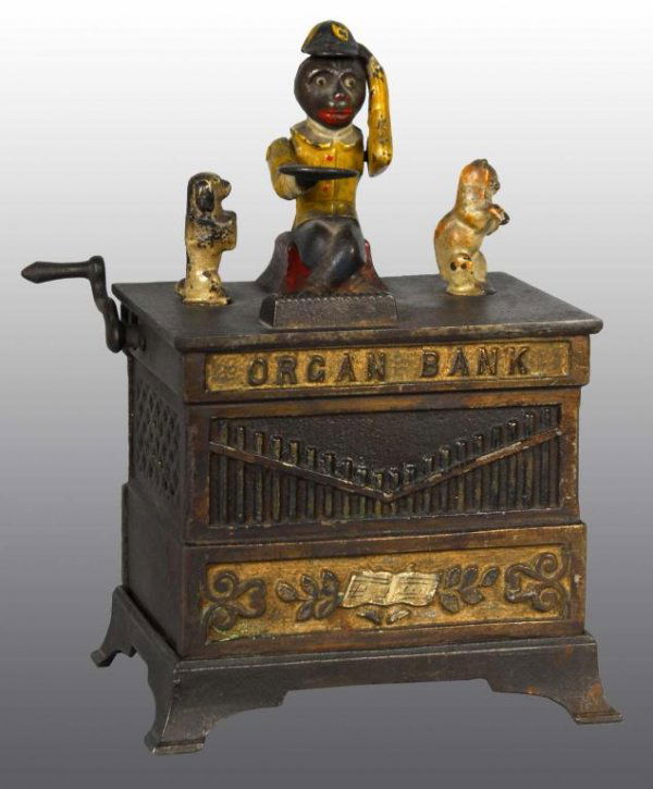 Cast Iron Organ Mechanical Bank.: Description Manufactured by Kyser and Rex. Includes dancing cat and dog. Working. Condition (Excellent).